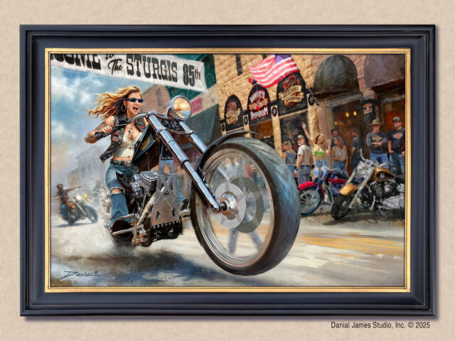 a framed painting of a woman riding a motorcycle