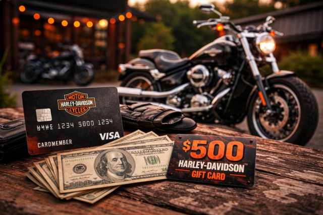 Harley-Davidson motorcycle parked at dusk with H-D Visa card and riding gear, representing the Harley-Davidson lifestyle